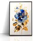 Modern Floral Abstract Canvas - Elegant Blue and Gold Flower Wall Art