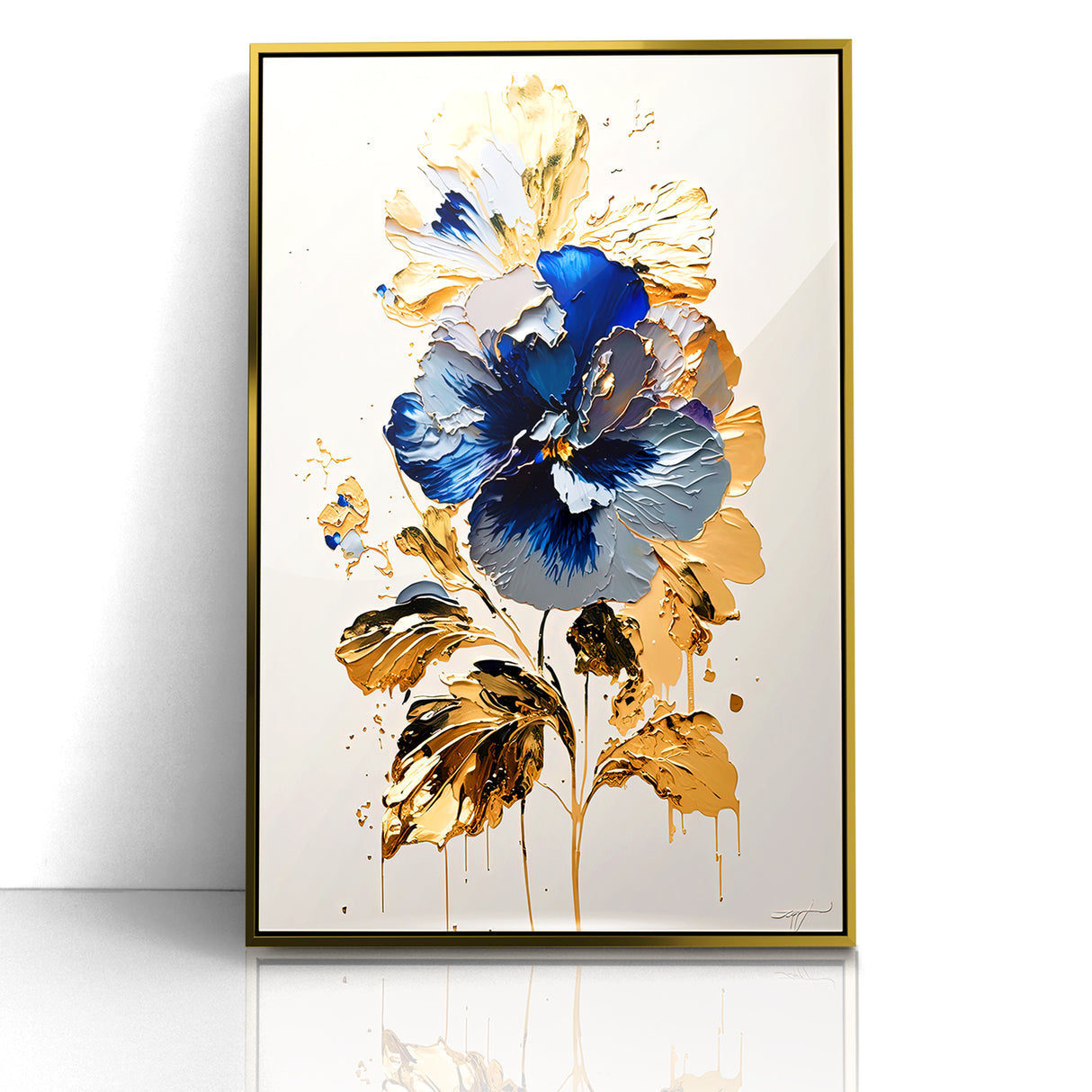 Modern Floral Abstract Canvas - Elegant Blue and Gold Flower Wall Art