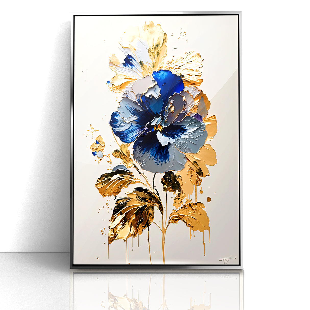 Modern Floral Abstract Canvas - Elegant Blue and Gold Flower Wall Art