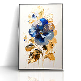 Modern Floral Abstract Canvas - Elegant Blue and Gold Flower Wall Art