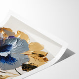 Modern Floral Abstract Canvas - Elegant Blue and Gold Flower Wall Art