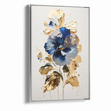 Modern Floral Abstract Canvas - Elegant Blue and Gold Flower Wall Art