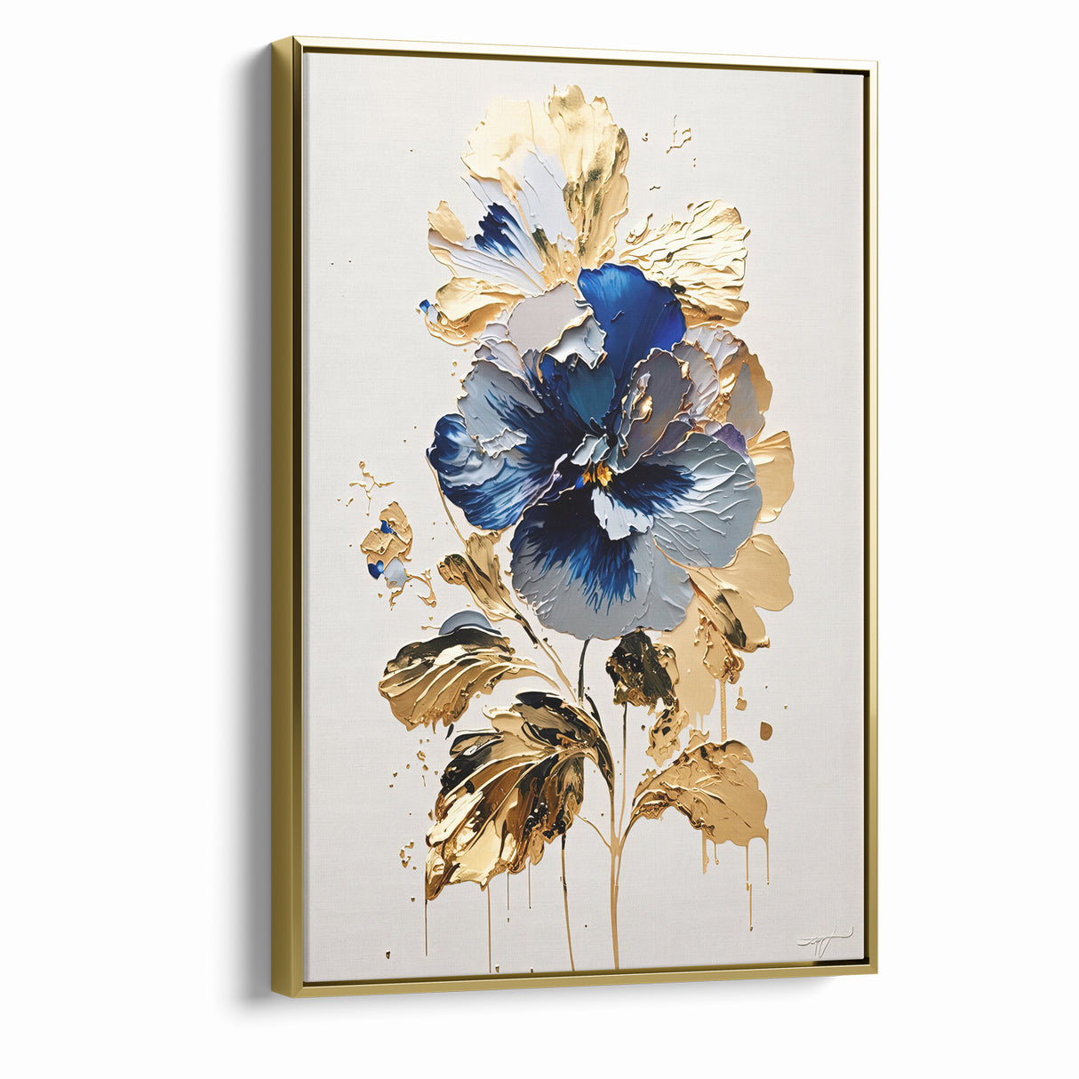 Modern Floral Abstract Canvas - Elegant Blue and Gold Flower Wall Art