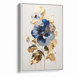 Modern Floral Abstract Canvas - Elegant Blue and Gold Flower Wall Art