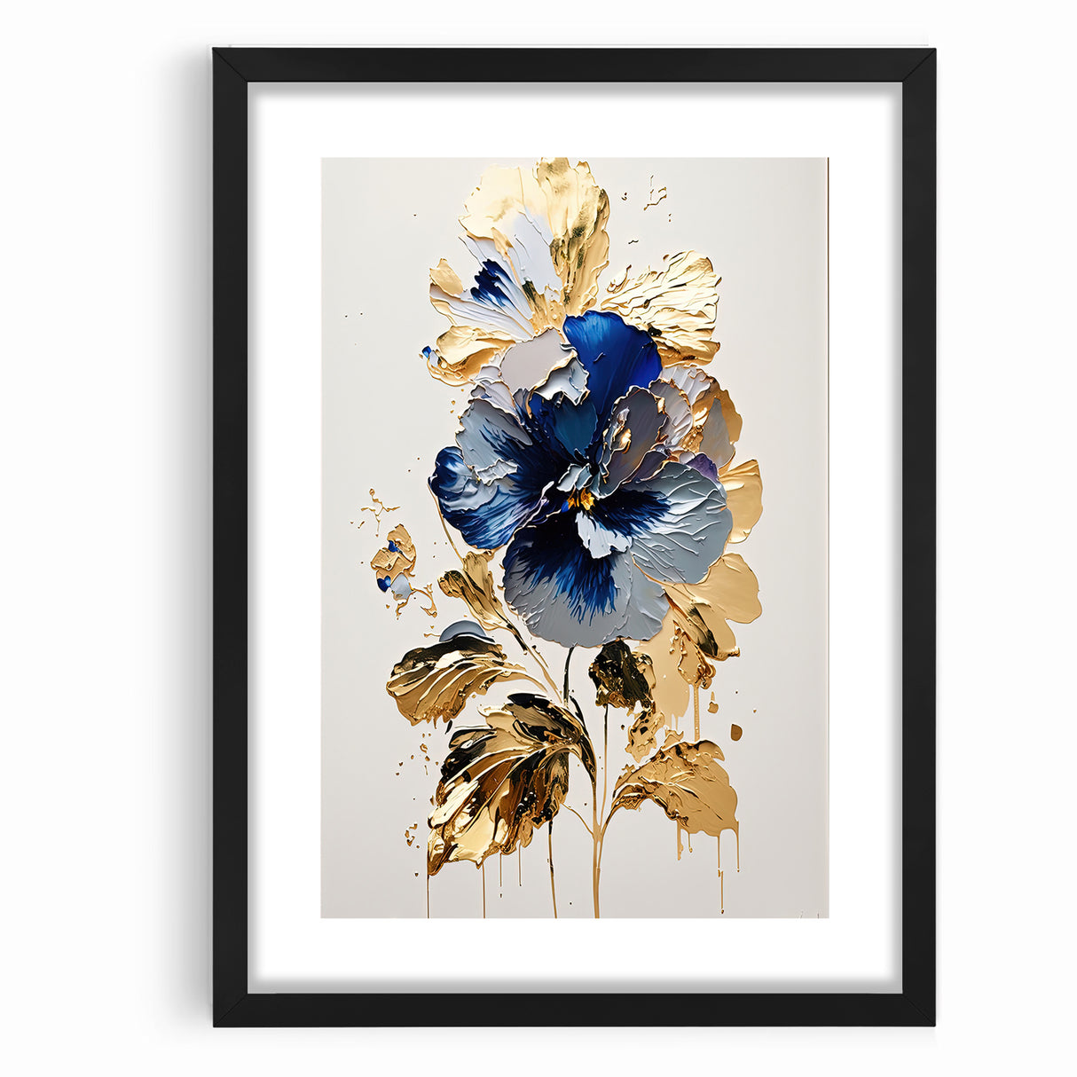 Modern Floral Abstract Canvas - Elegant Blue and Gold Flower Wall Art