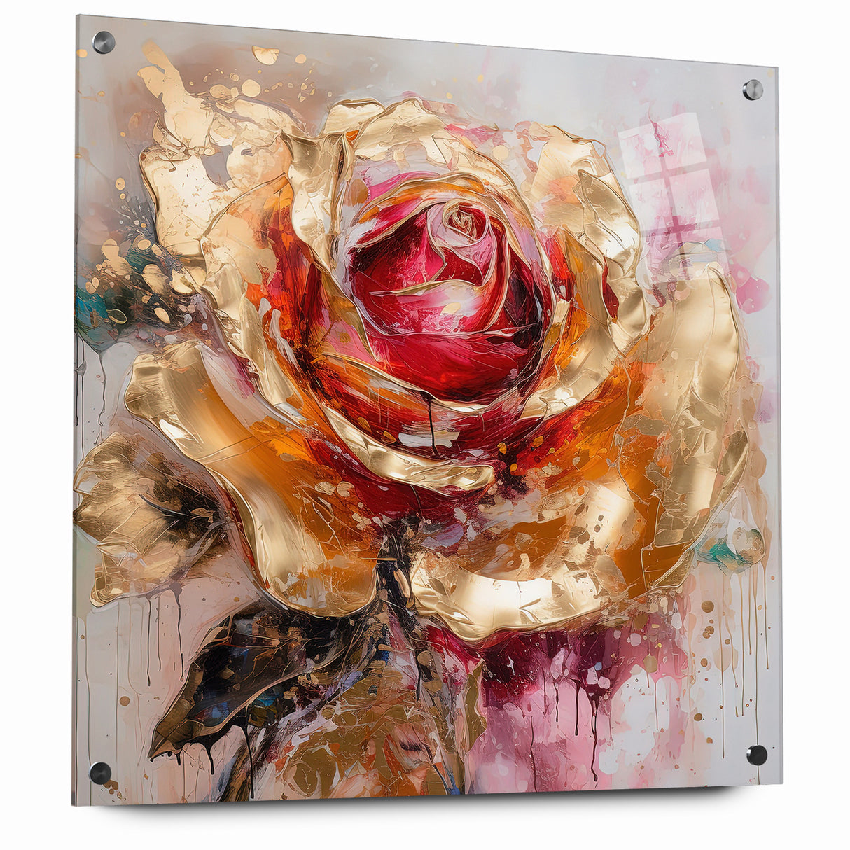 Vibrant Red and Gold Rose Canvas - Modern Abstract Floral Wall Art