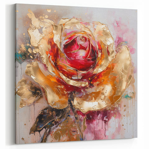 Vibrant Red and Gold Rose Canvas - Modern Abstract Floral Wall Art