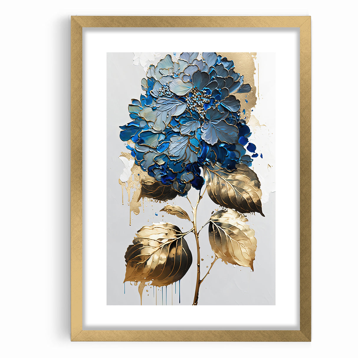 Modern Floral Abstract Wall Art - Blue & Gold Botanical Canvas