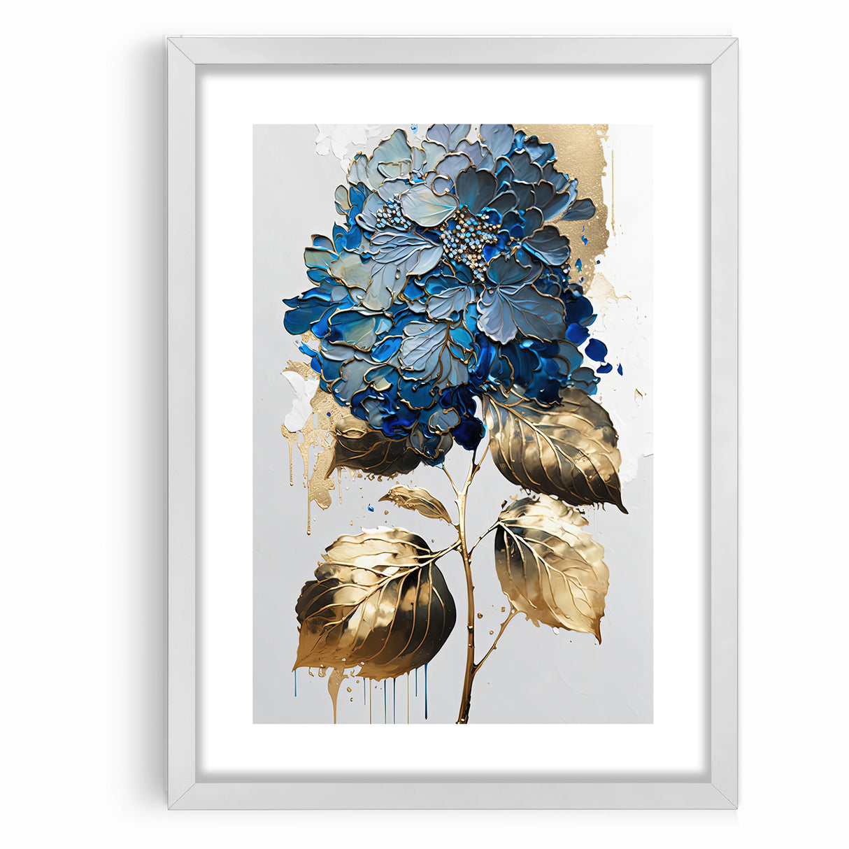 Modern Floral Abstract Wall Art - Blue & Gold Botanical Canvas