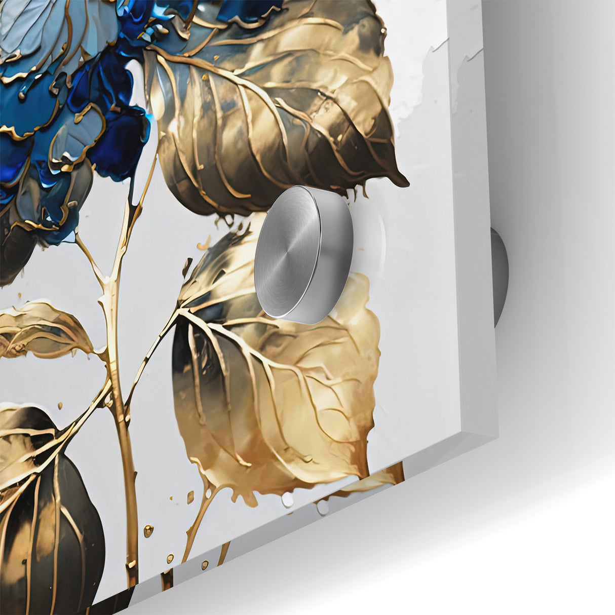 Modern Floral Abstract Wall Art - Blue & Gold Botanical Canvas
