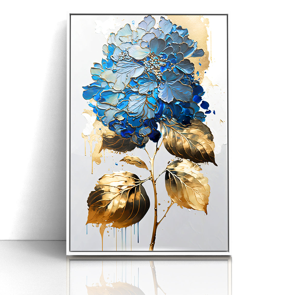Modern Floral Abstract Wall Art - Blue & Gold Botanical Canvas
