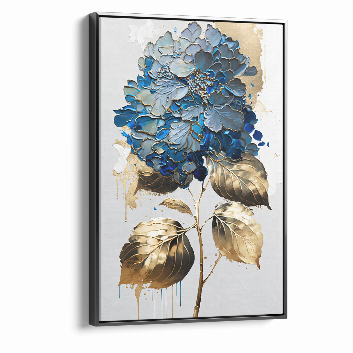 Modern Floral Abstract Wall Art - Blue & Gold Botanical Canvas
