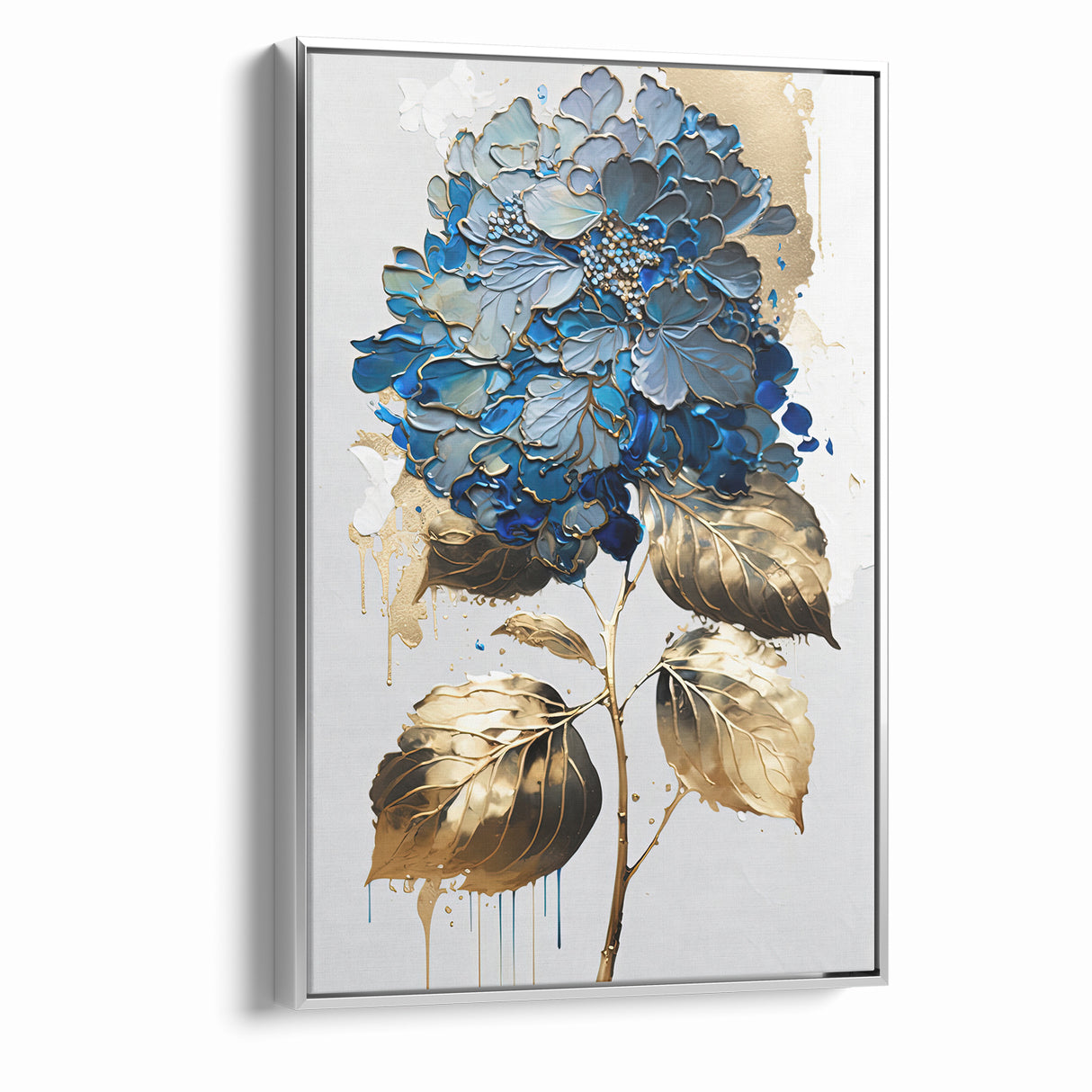 Modern Floral Abstract Wall Art - Blue & Gold Botanical Canvas