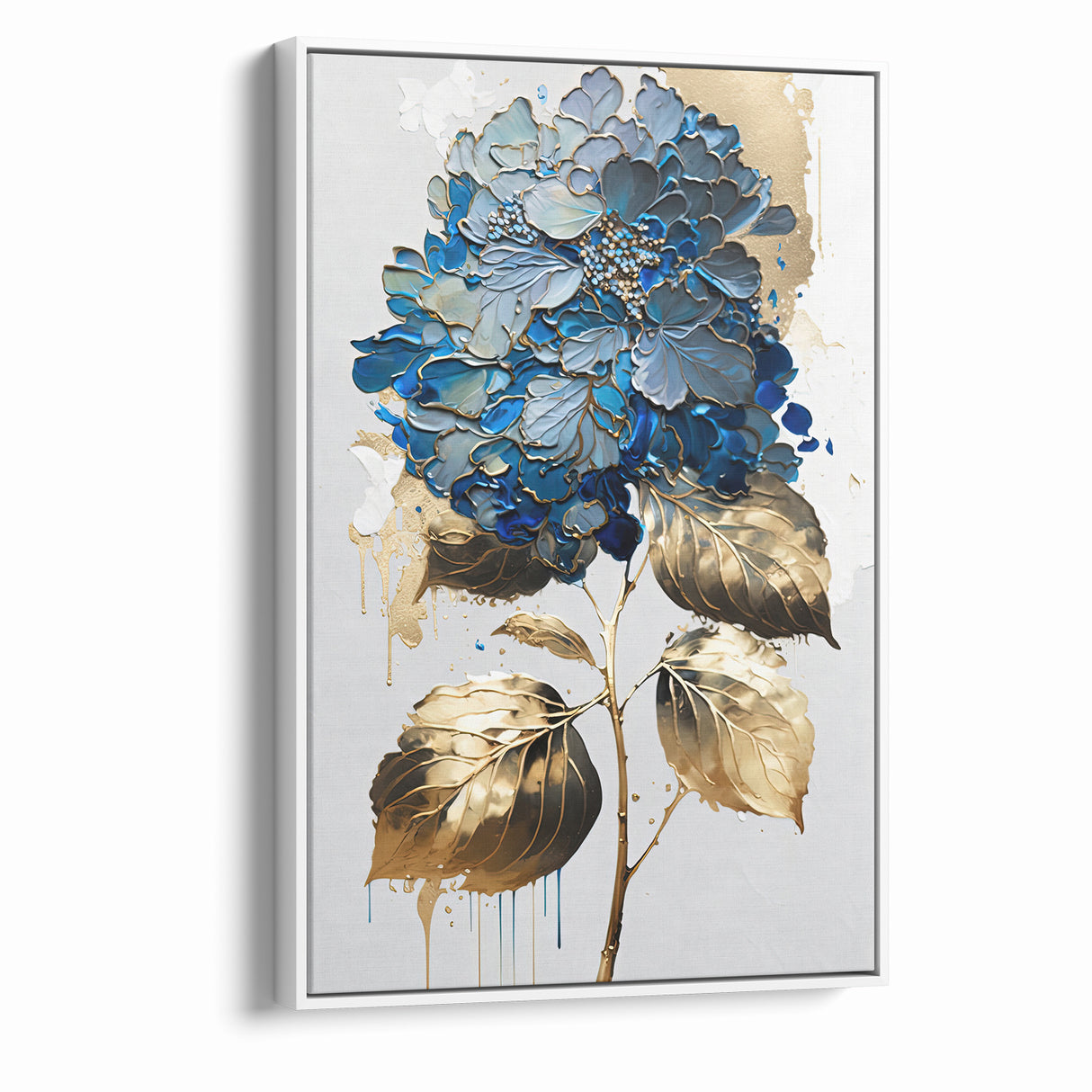 Modern Floral Abstract Wall Art - Blue & Gold Botanical Canvas