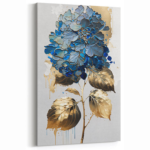 Modern Floral Abstract Wall Art - Blue & Gold Botanical Canvas