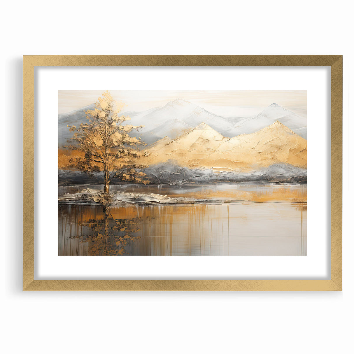 Golden Tree and Mountains Modern Landscape Abstract Wall Art