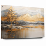 Golden Tree and Mountains Modern Landscape Abstract Wall Art