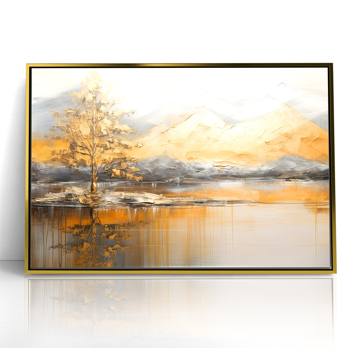 Golden Tree and Mountains Modern Landscape Abstract Wall Art