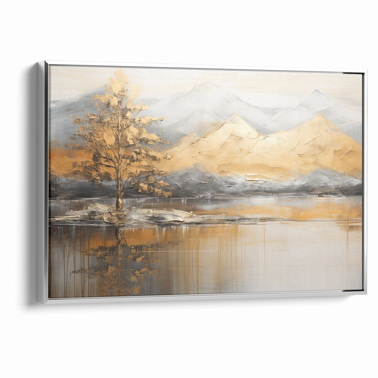 Golden Tree and Mountains Modern Landscape Abstract Wall Art