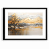 Golden Tree and Mountains Modern Landscape Abstract Wall Art