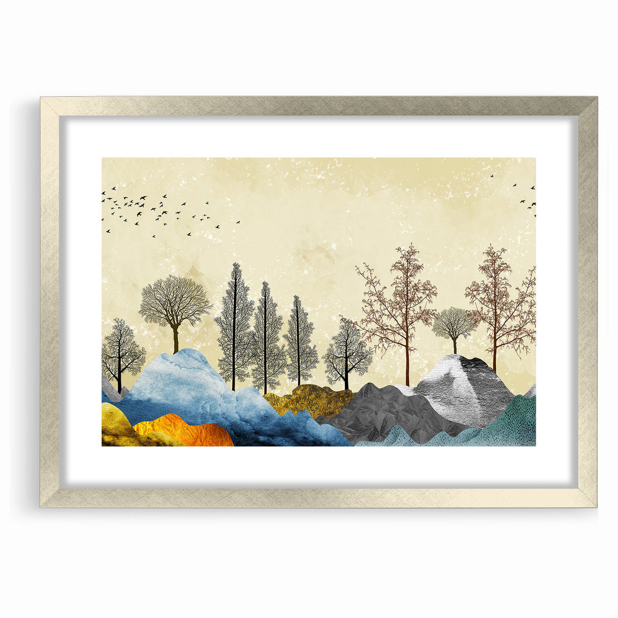 Colorful Abstract Landscapes - Vibrant Mountain and Tree Silhouettes Art