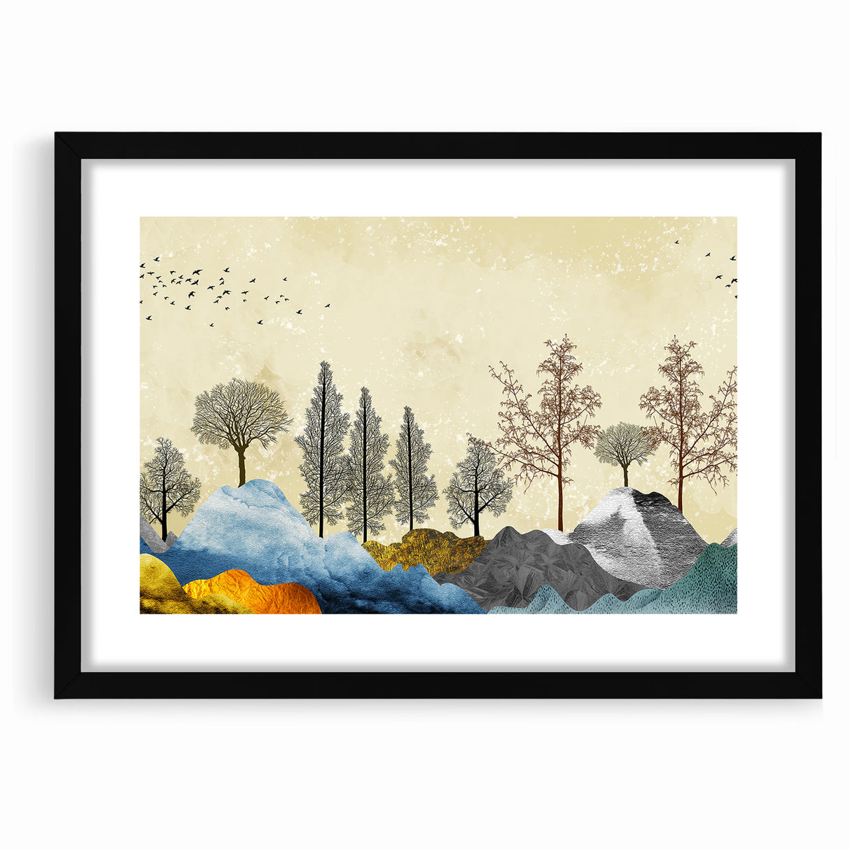 Colorful Abstract Landscapes - Vibrant Mountain and Tree Silhouettes Art