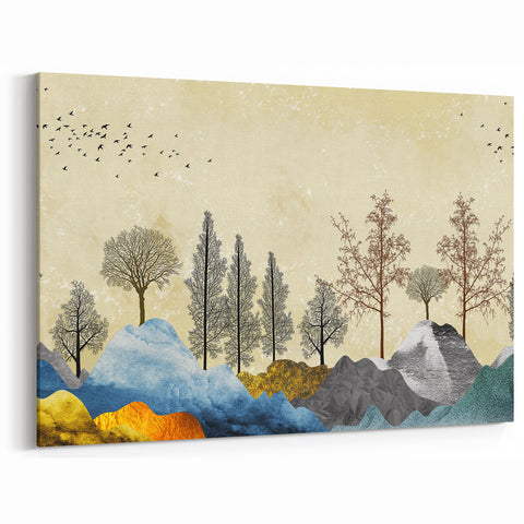 Colorful Abstract Landscapes - Vibrant Mountain and Tree Silhouettes Art