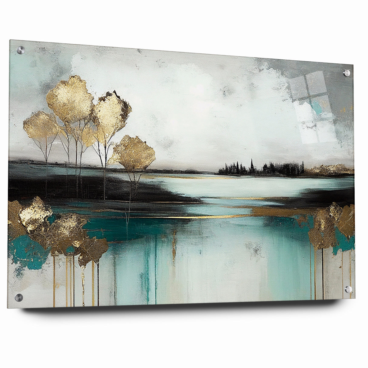 Abstract Landscape Art - Golden Trees and Serene Waters Wall Art