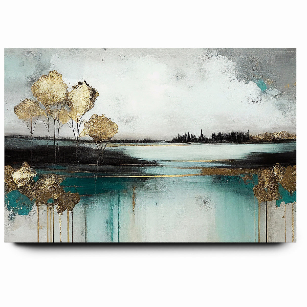Abstract Landscape Art - Golden Trees and Serene Waters Wall Art