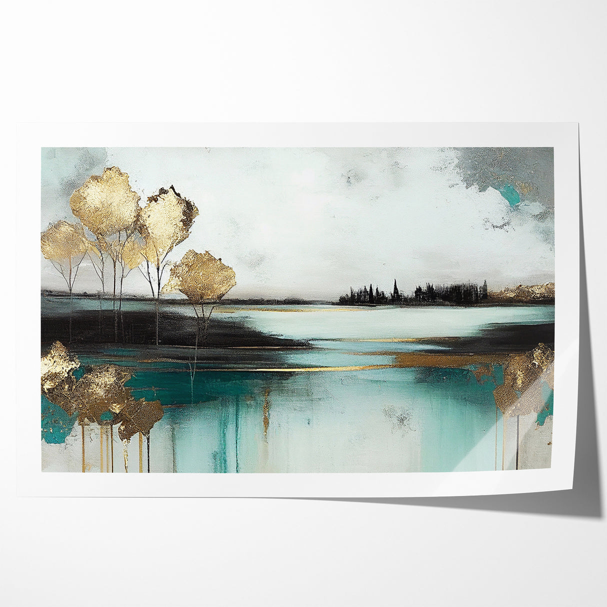 Abstract Landscape Art - Golden Trees and Serene Waters Wall Art