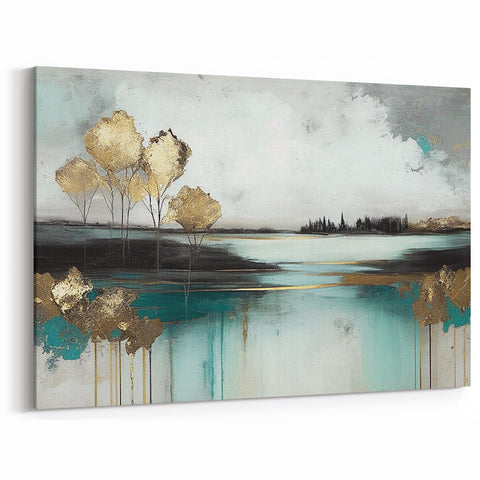 Abstract Landscape Art - Golden Trees and Serene Waters Wall Art