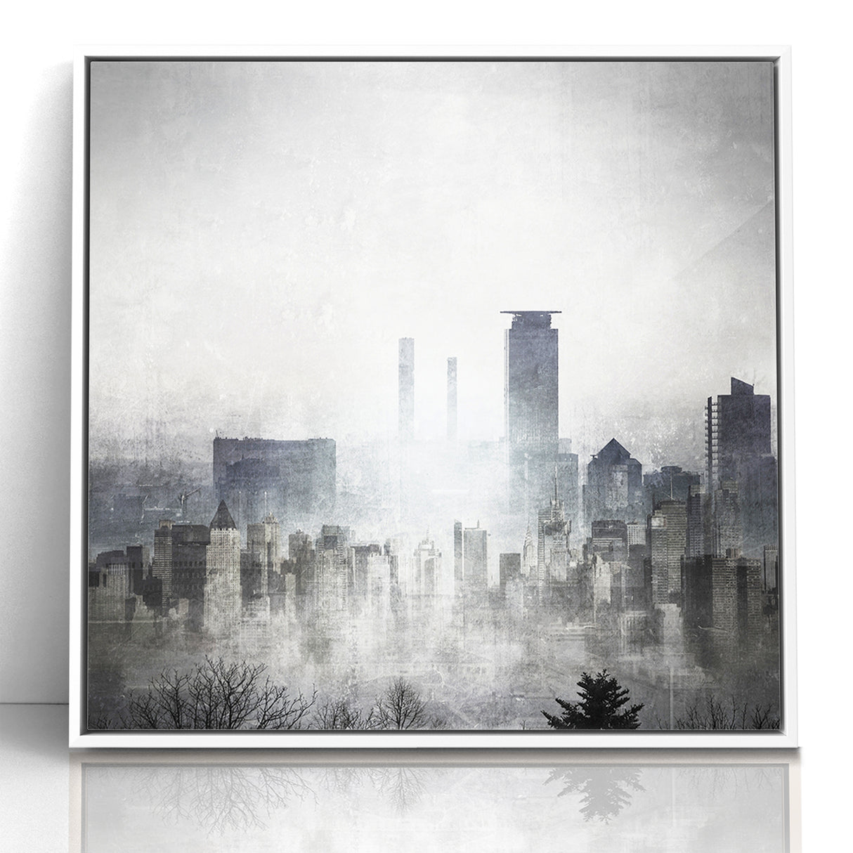 Modern Landscape Abstract - Monochromatic Misty Cityscape Wall Art