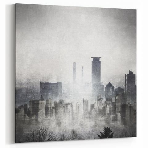 Modern Landscape Abstract - Monochromatic Misty Cityscape Wall Art