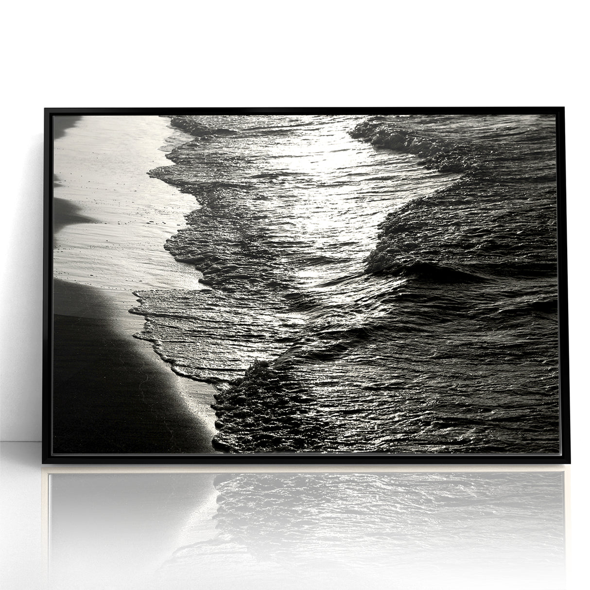 Abstract Nature Prints - Shimmering Black and White Beach Waves Wall Art