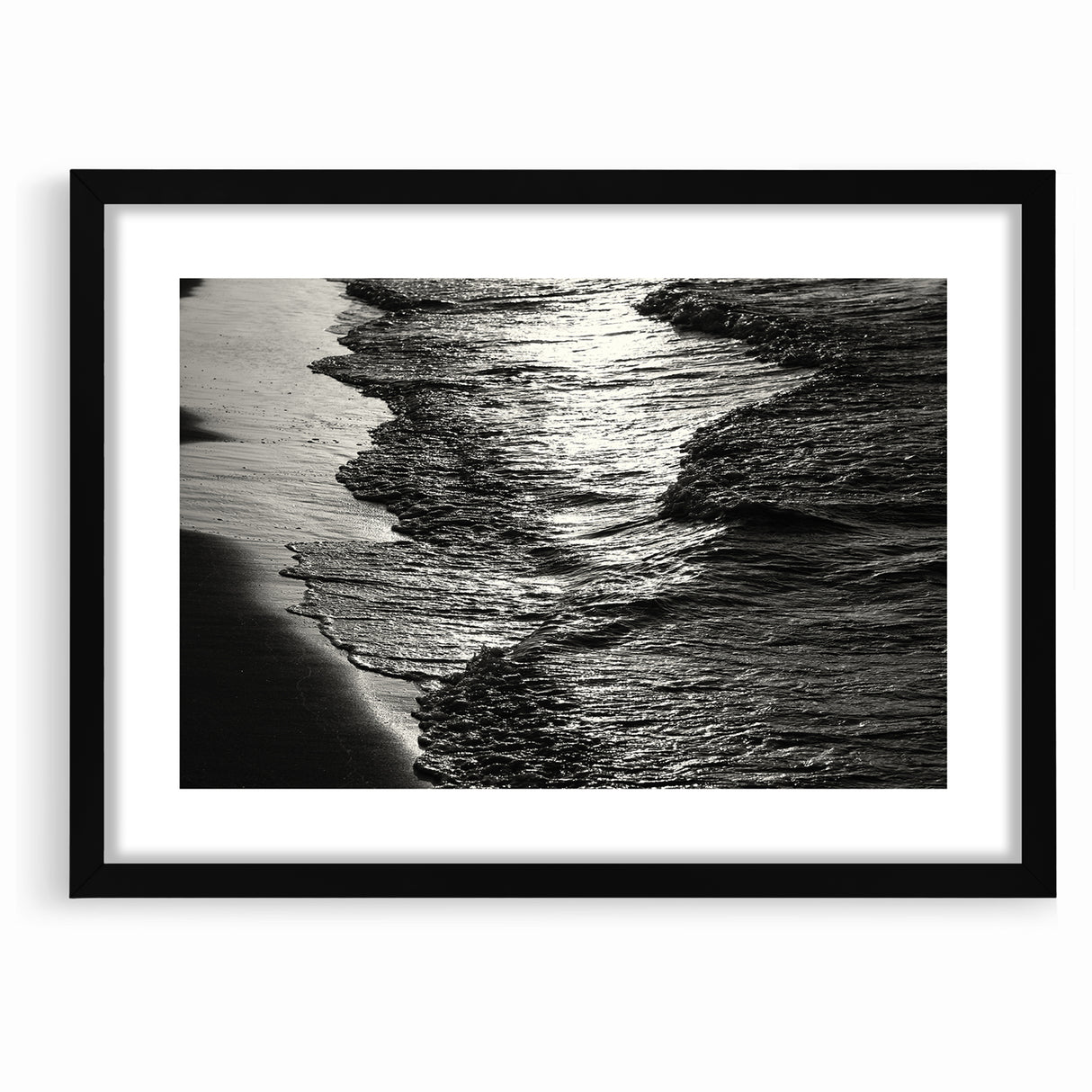 Abstract Nature Prints - Shimmering Black and White Beach Waves Wall Art