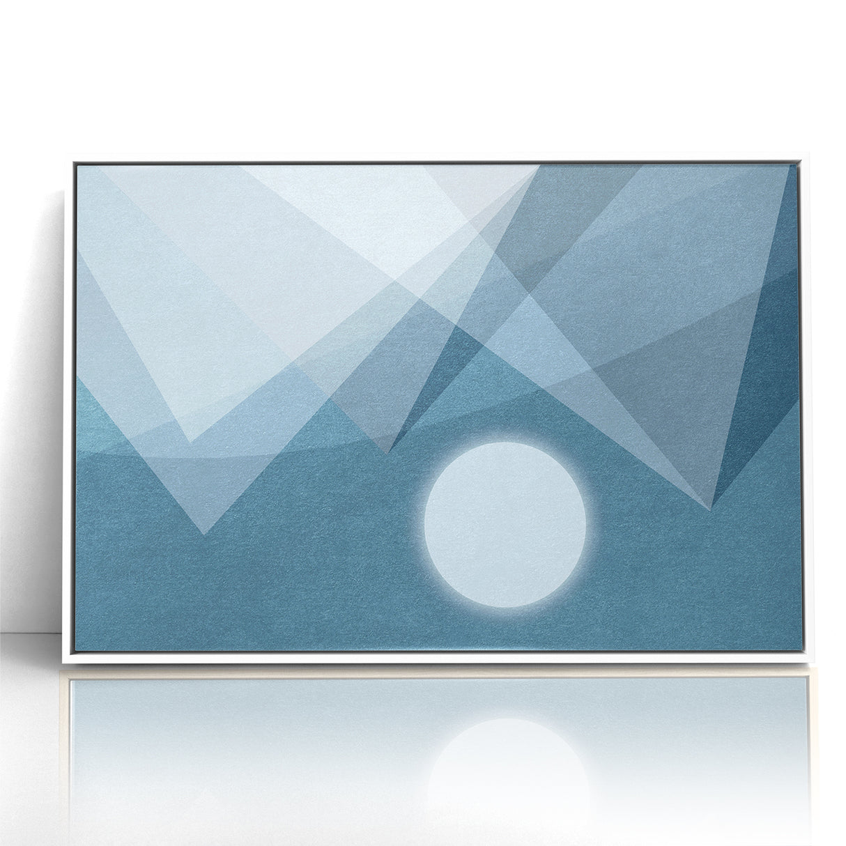 Abstract Geometric Art with Moon and Triangles on Canvas