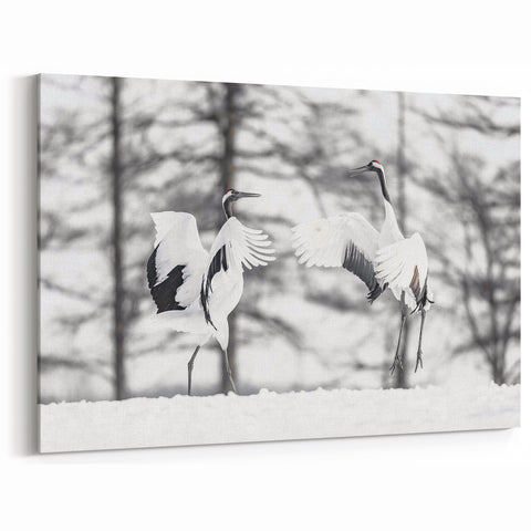 Elegant Crane Wall Art – Dancing Cranes in Winter on Canvas & Acrylic