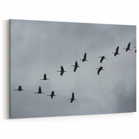 Tranquil Crane Wall Art – Silhouettes of Cranes in Flight on Canvas