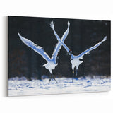Elegant Crane Wall Art – Dancing Cranes in Snow on Canvas & Acrylic