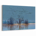 Serene Crane Wall Art – Tranquil Flock Over Misty Lake on Canvas
