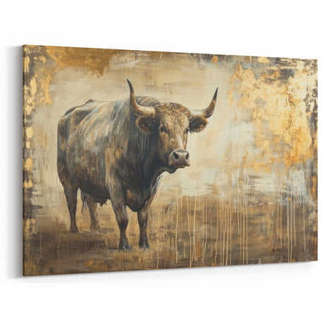 Rustic Bull Wall Art - Bison Canvas Print with Gold Accents for Decor