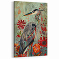 Vibrant Crane Wall Art - Colorful Crane in Floral Wonderland Canvas