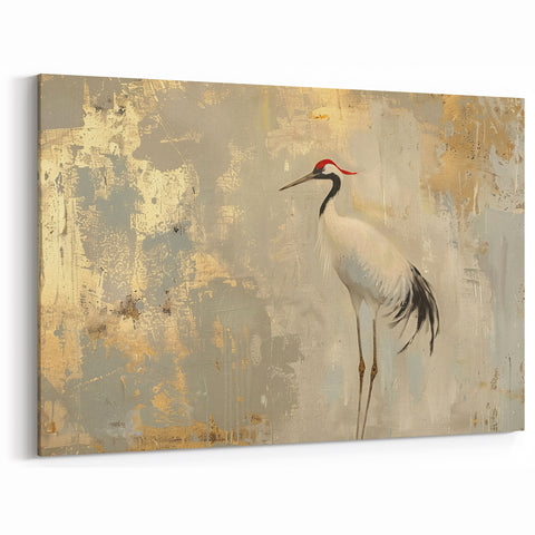 Elegant Crane Wall Art - Graceful Crane with Soft Gold Accents Canvas