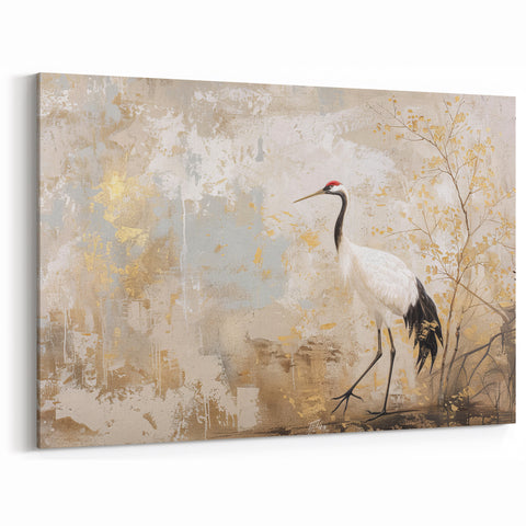 Elegant Crane Wall Art - Serene Crane with Gold Leaf Accents Canvas