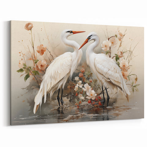 Elegant Crane Wall Art - Romantic Pair of Cranes with Floral Accents