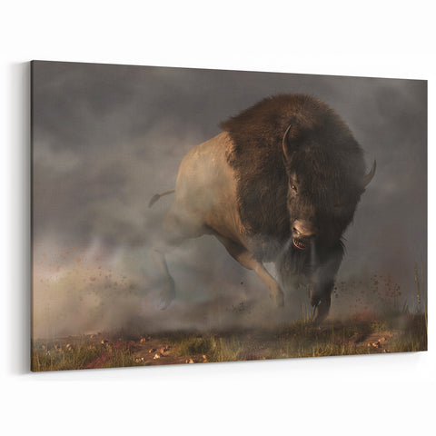 Charging Buffalo Art - Powerful Bison Canvas Print for Rustic Decor
