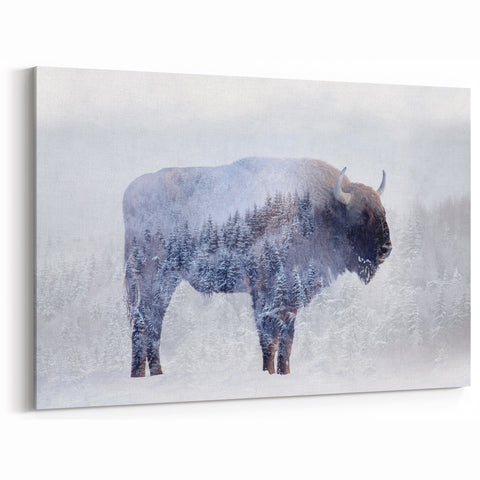Winter Buffalo Art - Serene Bison Canvas Print with Forest Overlay