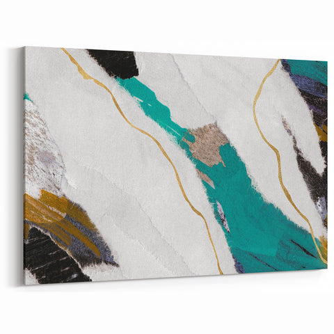 Abstract Brush Strokes and Lines Art - Modern Teal and Gold Canvas Print