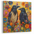 Floral Raven Art - Playful Crow Painting in Blooming Garden
