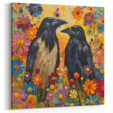 Floral Raven Art - Playful Crow Painting in Blooming Garden